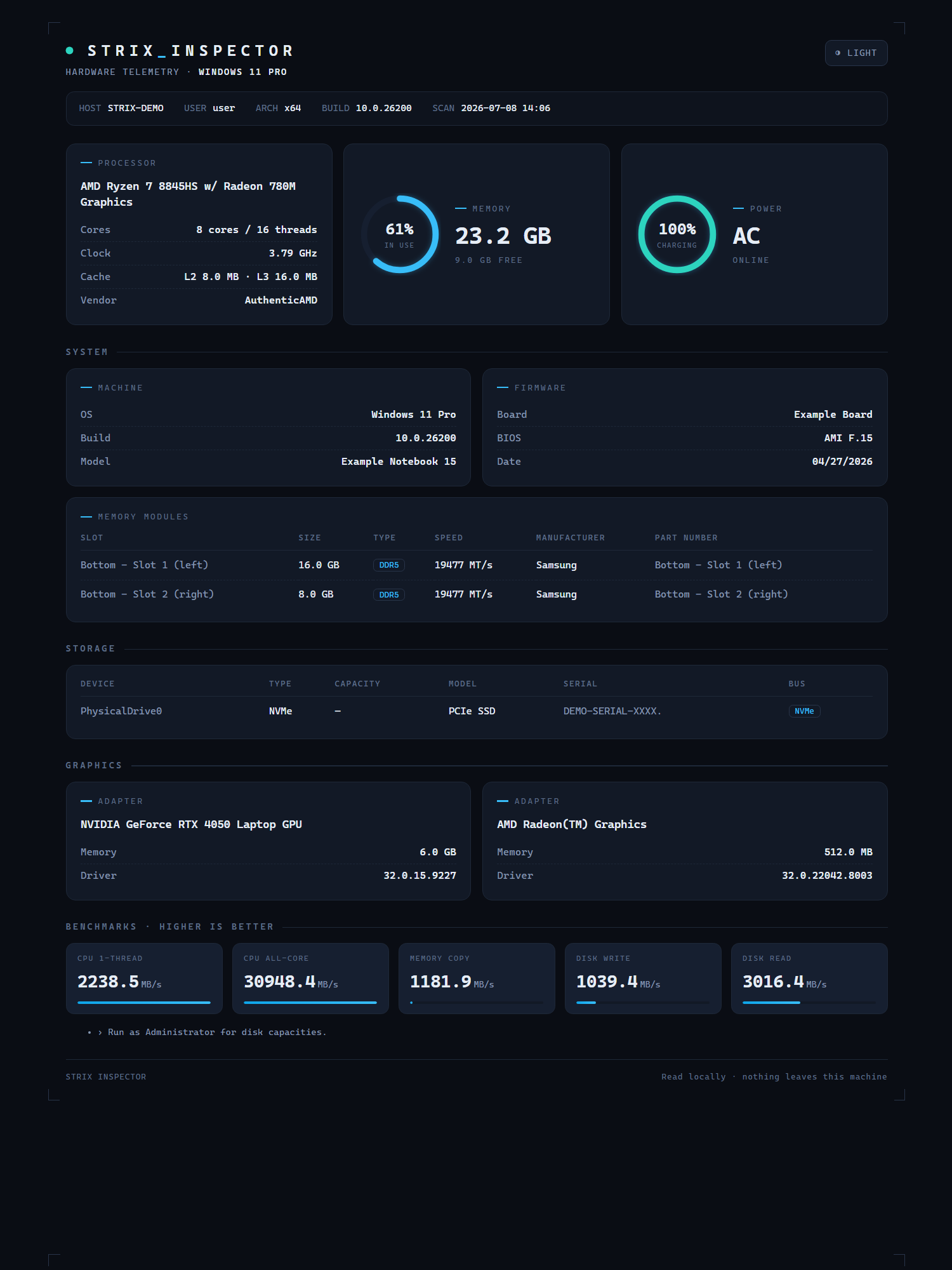 Strix Inspector — A complete, read-only picture of your hardware — in seconds.