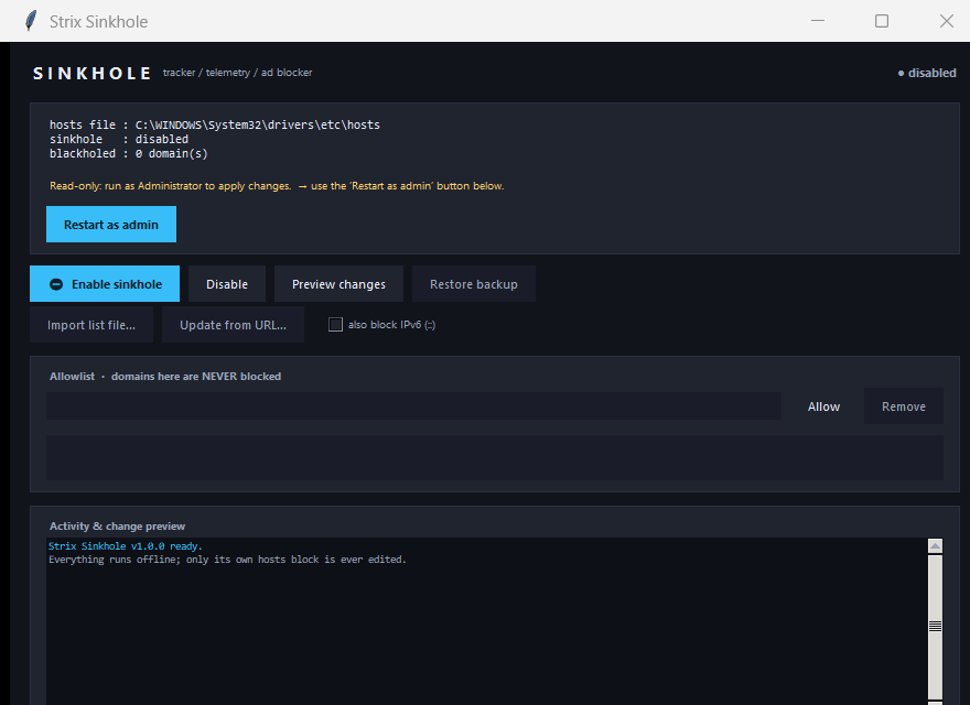 Strix Sinkhole — Block trackers, telemetry and ads in your hosts file — offline, reversible, one click.